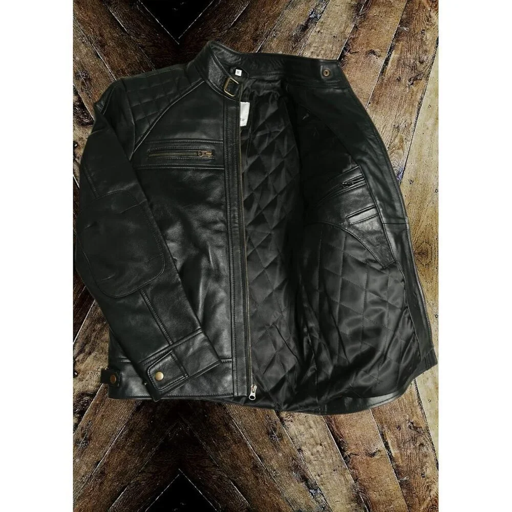 Men’s Black Genuine Leather Biker Jacket Black Brown Vintage Motorcycle - Picture 4 of 7